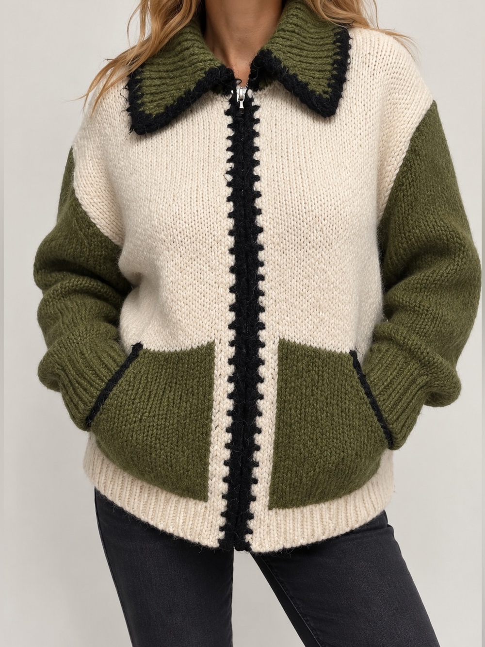 Zara Green and Cream Cardigan Sweater